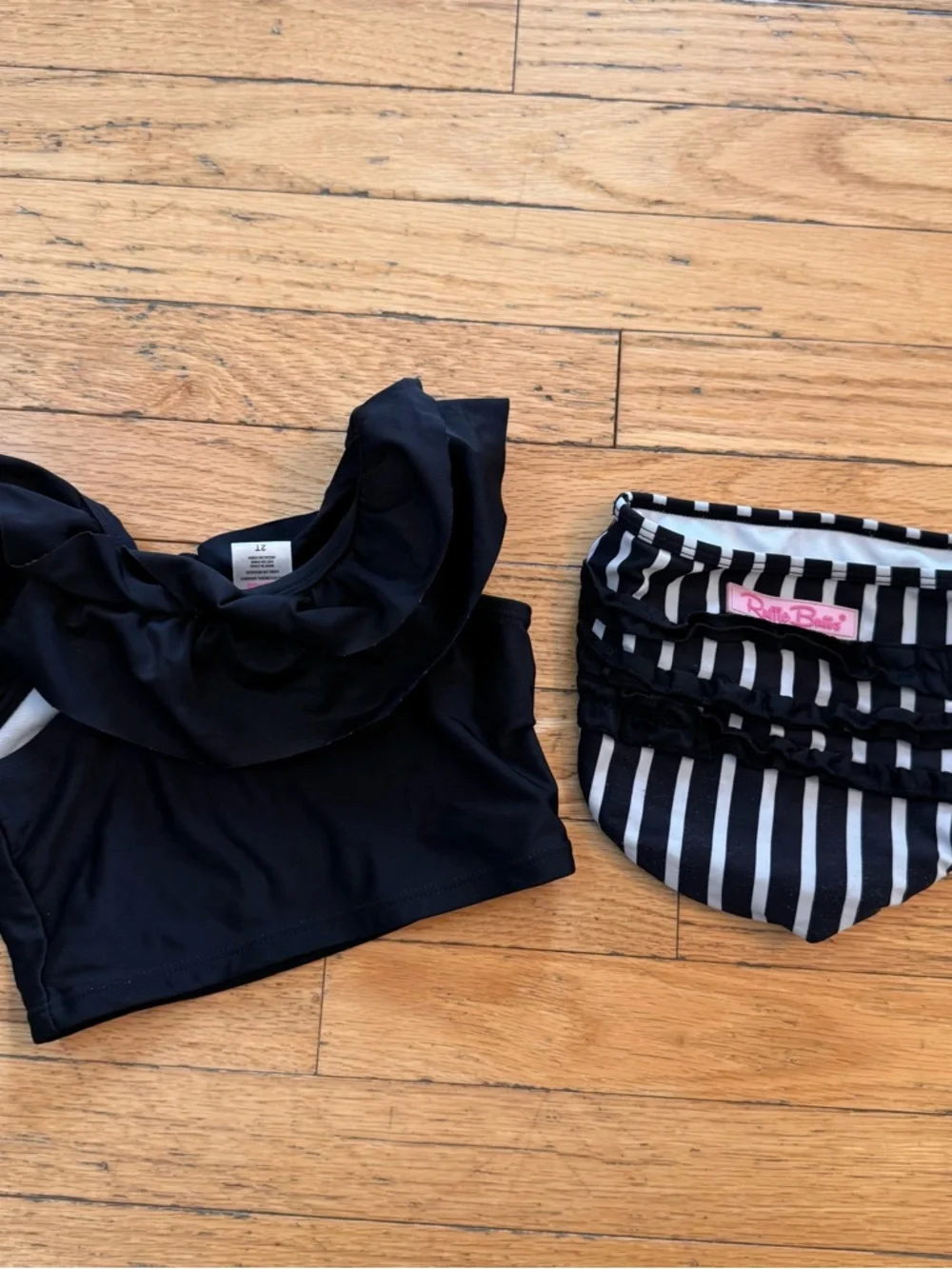 RuffleButts Girls‎ 2T Black Striped Ruffle Two Piece Bikini Swimsuit Set